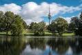 Munich Olympic Tower long exposure with the lake in the foreground.