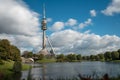 Munich Olympic Tower long exposure with the lake in the foreground.