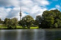 Munich Olympic Tower long exposure with the lake in the foreground.