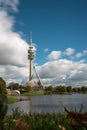 Munich Olympic Tower long exposure with the lake in the foreground.