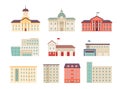 Municipal buildings. Government houses city library hospital bank supermarket campus urban buildings nowaday vector flat