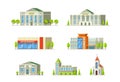 Municipal buildings set. Buildings bank, museum, supermarket, police, post office, spa center, church cartoon vector