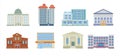 Municipal buildings. urban architectural objects banks school hospital police department. Vector flat pictures of