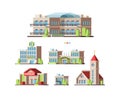 Municipal buildings. Urban houses hotel school hospital Institute post office and Church. Vector flat pictures