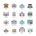 Municipal city buildings library, bank, hospital, prison vector icon set Royalty Free Stock Photo