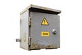 Municipal electrical grey outdoor cabinet with hazard sign Royalty Free Stock Photo