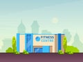 Municipal Gym buildings. Fitness center modern architecture building, sport house in summer urban landscape of cityscape cartoon Royalty Free Stock Photo