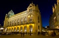 Municipal House facade at night, Prague, Czech Republic.