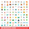 100 municipal icons set, cartoon style