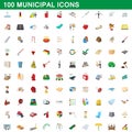 100 municipal icons set, cartoon style