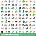 100 municipal icons set, isometric 3d style