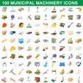 100 municipal machinery icons set, cartoon style