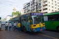 Municipal shuttle bus in the city street. Yangon, Myanmar