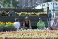 Municipal women workers sitting in the shadow thrown from a truck taking break from caring of a flowerbed