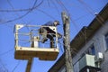 Municipal worker cutting dead standing tree with chainsaw using truck-mounted lift