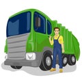 Municipal worker next to recycling garbage collector truck loading waste and trash bin