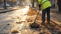 Municipal worker sweep the road with broomstick and collects garbage in scoop. Generative AI