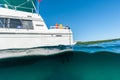 Munising, MI -August 14th, 2021: Over under view of dive charter boat.