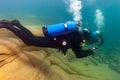 Munising, MI -August 14th, 2021: SCUBA diver checking gauges underwater