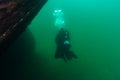 Munising, MI -August 14th, 2021: SCUBA diver exploring the large rudder of the Bermuda shipwreck