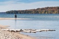 Couple on vacation hugs and embraces in romance and love at Pictured Rocks National