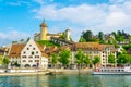 The munot fortress in the swiss city schaffhausen is reflected on the rhine river in summer....IMAGE