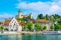 The munot fortress in the swiss city schaffhausen is reflected on the rhine river in summer....IMAGE