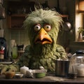 Muppet metaphorical green color chicken, making something in kitchen