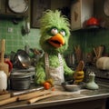 Muppet metaphorical green color chicken, making something in kitchen Royalty Free Stock Photo