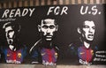 Mural art promoting soccer club Barcelona US Tour in Lower East Side in Manhattan.