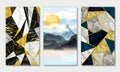 Mural art wallpaper for home decor. abstract blue, black, gray and white marble with golden lines and golden sun and mountains in Royalty Free Stock Photo