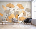 mural beige wallpaper and brown ginkgo leaves on a light gray background