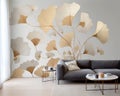 mural beige wallpaper and brown ginkgo leaves on a light gray background