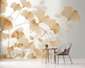 mural beige wallpaper and brown ginkgo leaves on a light gray background