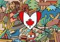 Mural of Canada flag in heart shape decorated with the country famous element and icons Royalty Free Stock Photo