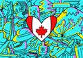 Mural of Canada flag in heart shape decorated with the country famous element and icons