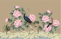 Mural with Chinese peonies and peacocks. Vector. Royalty Free Stock Photo