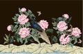 Mural with Chinese peonies and peacocks. Vector. Royalty Free Stock Photo