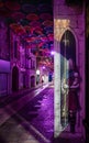 Mural and decorations on rue Chatelaine in Laon at night. Royalty Free Stock Photo