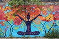 A mural depicting a person engaged in a yoga pose against a backdrop of a brick wall, A yoga-themed mural on an urban brick wall,