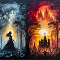 A mural design art, with silhouette a lady in magical forest, a silhouette of a castle, double exposure, sunset