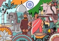 Mural doodle art of India flag decorated with the country famous elements and icons