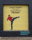 Mural featuring Chuck Norris on a roll down door on the side of a building in the Design District in Dallas, Texas.