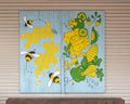Mural painted on wood featuring vegetables and bees in in Dallas, Texas.