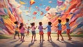 Mural painting: A playful, childhood memory, featuring children playing games, flying kites, or sharing laughter, all captured in