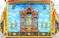 Mural and sculpture thai style on the wall of buddhist temp Royalty Free Stock Photo