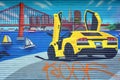 Mural sport car in front the golden gate bridge in San Francisco Royalty Free Stock Photo