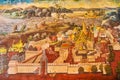 Murals on the wall of the surrounding Gallery of Wat Phra Kaew Temple in Grand Palace, on May 12 in Bangkok, Thailand