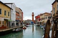 Murano canal and central street of Murano with shops and restaurants