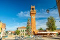 Murano clock tower Torre dell`Orologio of San Stefano church, Colorful christmas tree made of Murano Glass Royalty Free Stock Photo